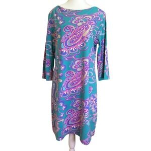 Britt by Britt Ryan Paisley Shift Dress Womens XL Turquoise 3/4 Sleeve Mod